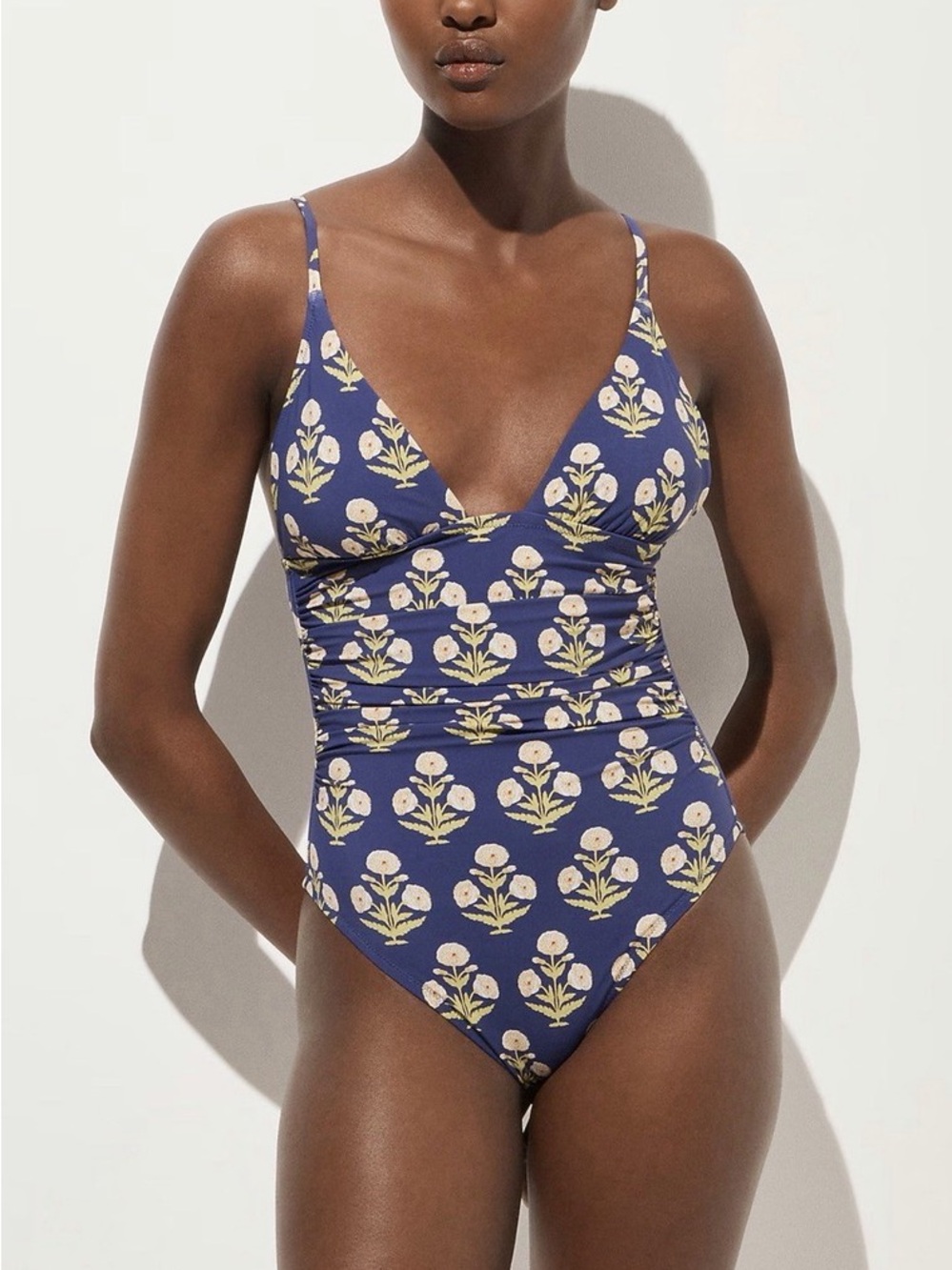 J. Crew Ruched V-Neck One-Piece Swimsuit Marigold Print Size 4 Long Torso NWT
